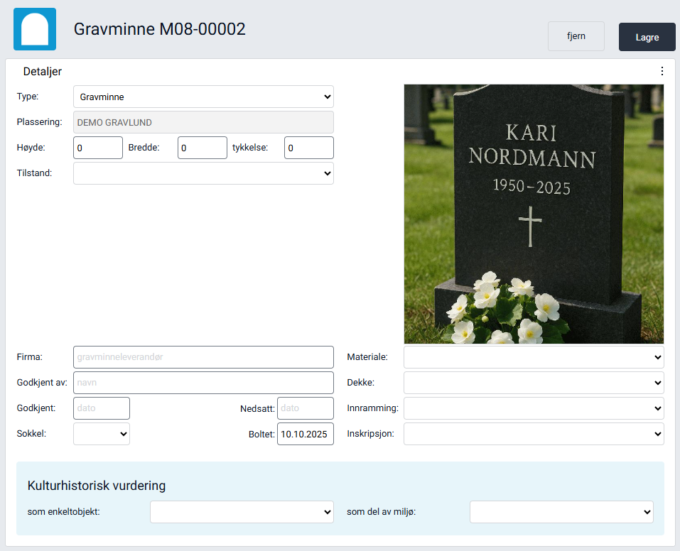 Gravminnekortet – detaljboks for utfylling av informasjon.