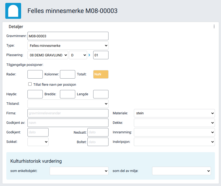 Felt for valg av type og plassering i gravminnekort.
