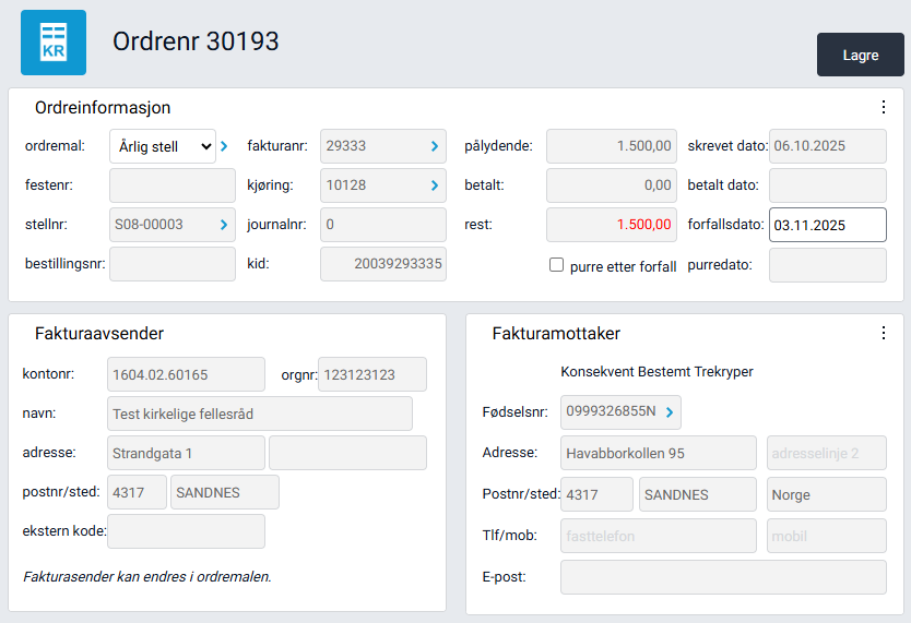 Eksempel på et ordrekort med årlig stell.