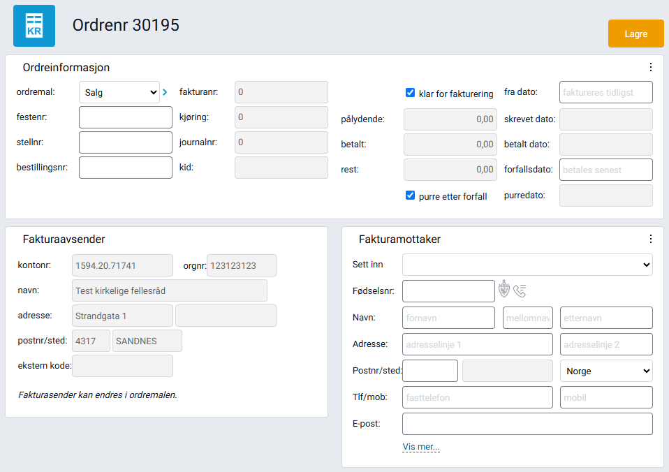 Ordrekort med felter for fakturainformasjon.