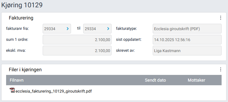 Kjøring fullført med generert fakturafil.