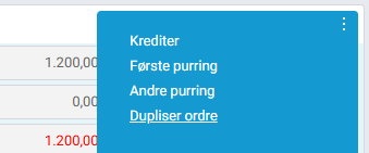 Objektmeny i ordrekortet med valget 'Dupliser ordre'.
