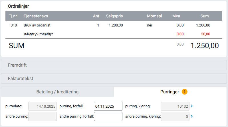 Oversikt over registrerte purringer på ordren.