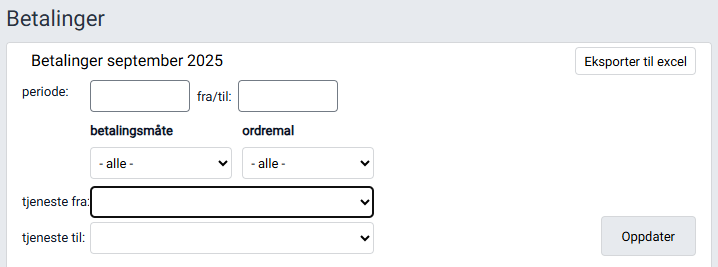Arbeidsflaten 'Betalinger' med filtreringsmuligheter.