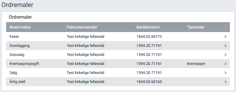 Arbeidsflaten 'Ordremaler' med liste over maler.