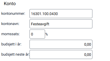 Detaljer for en valgt konto, inkludert budsjettfelt.