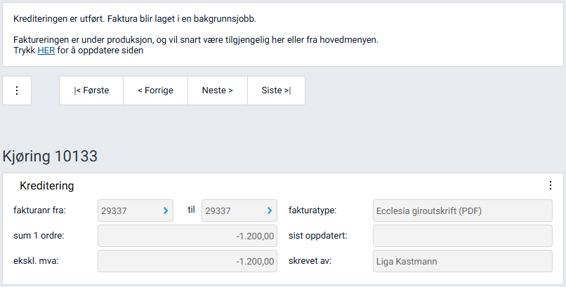Boksen 'Kreditering' med lenke til kjøringen.