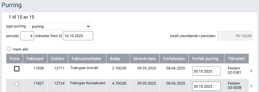 Arbeidsflaten 'Purring' med liste over ubetalte fakturaer.