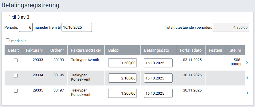Arbeidsflaten 'Betalingsregistrering' for manuelle innbetalinger.