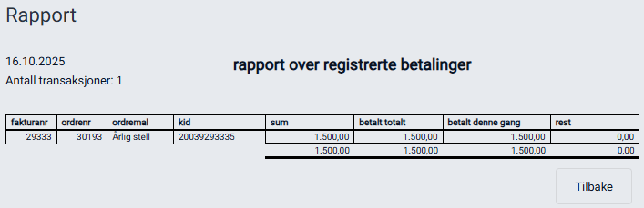 Rapport etter registrering av manuell innbetaling.