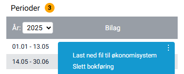 Objektmeny for perioder med valg for nedlasting til økonomisystem.