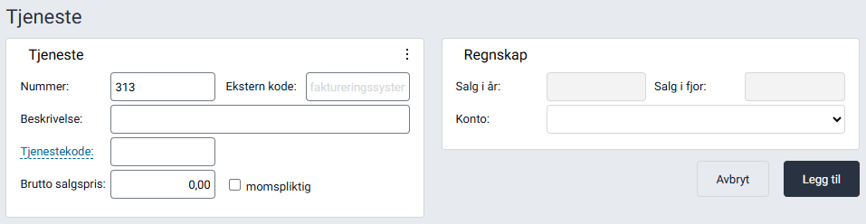 Skjermbilde for registrering av tjeneste.