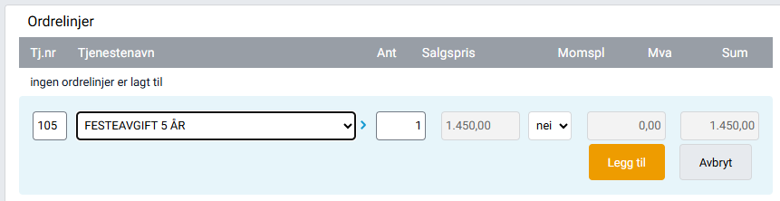 Valg av tjeneste for ordrelinje.