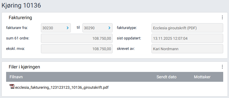 Kjøring med genererte fakturafiler.