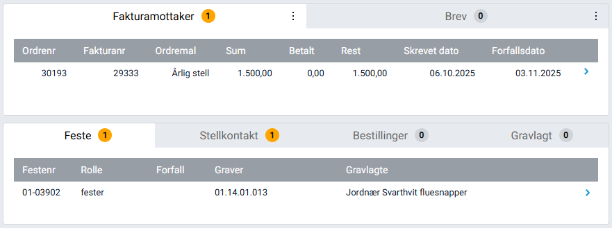 Fakturamottaker og festeinformasjon i personkortet.
