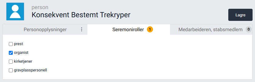 Personkort med seremoniroller.