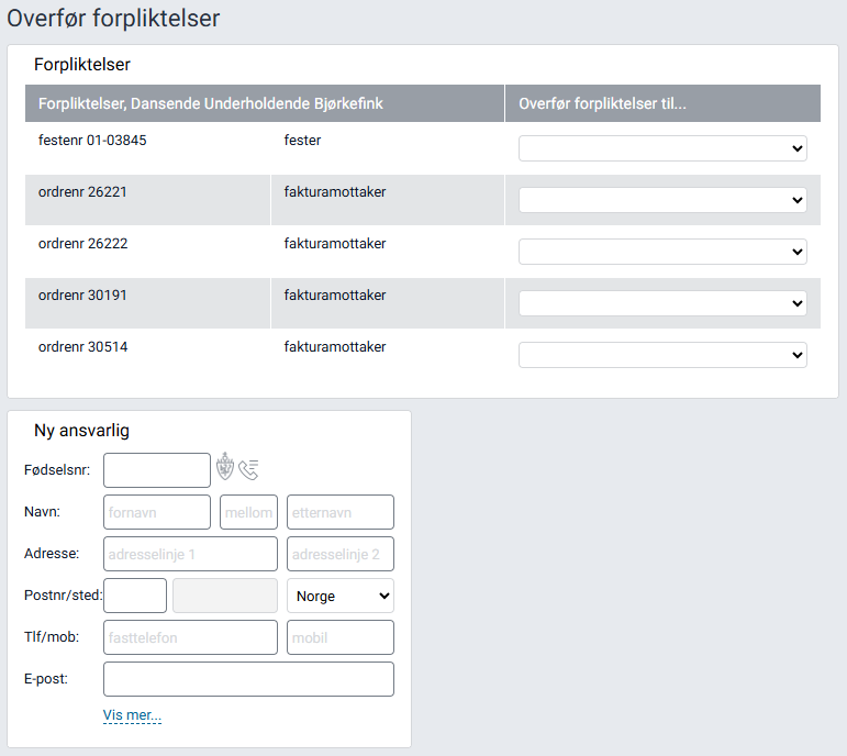 Arbeidsflaten 'Overfør forpliktelser'.