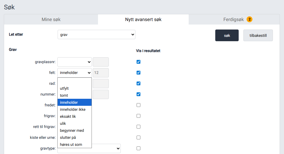 Oppsett av nytt avansert søk.