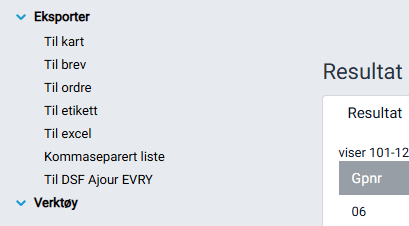 Valg for eksport av søkeresultater i funksjonsmenyen.