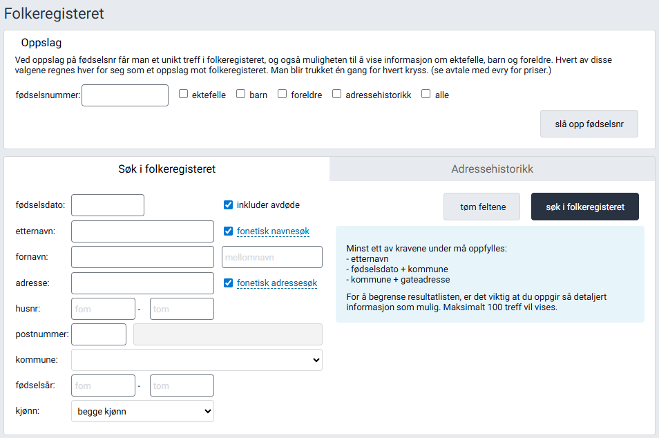 Arbeidsflaten for søket i Folkeregisteret.