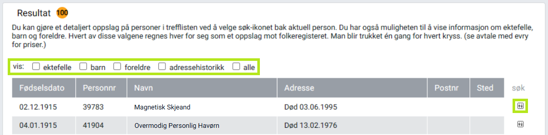 Søketreff fra Folkeregisteret.