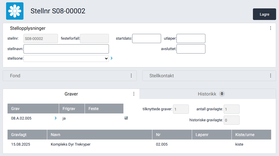 Nytt stellkort med automatisk utfylte graver og gravlagt person.