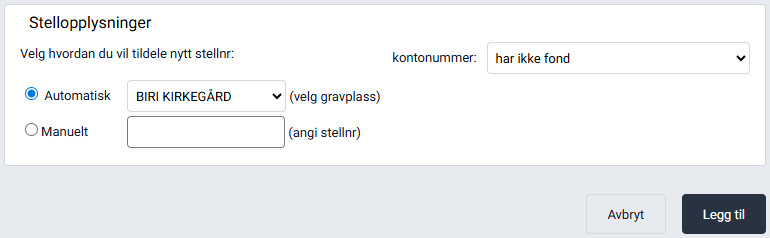 Dialog for valg av automatisk eller manuell generering av stellnummer.