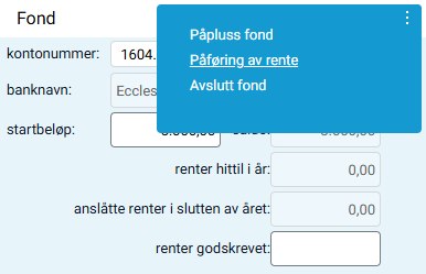 Objektmeny i boksen 'Fond' med valget 'Påføring av rente'.