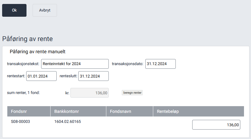 Dialogen 'Påføring av rente' for enkeltstell.