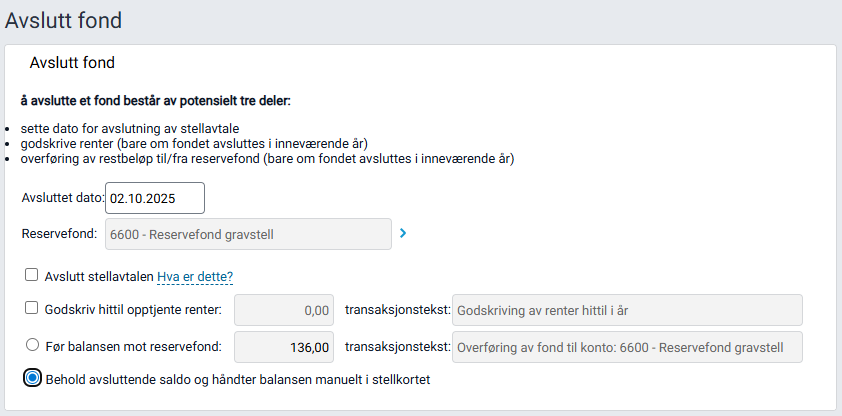 Dialogen 'Avslutt fond' med valget for å beholde saldo.