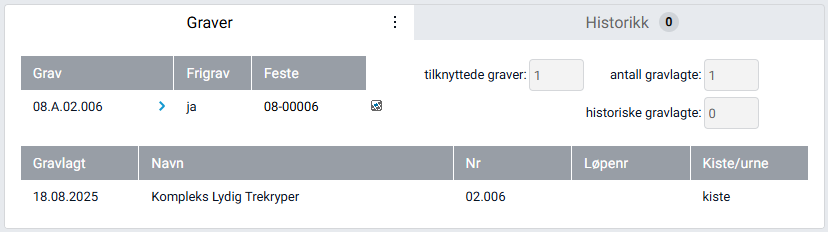 Boksen 'Graver' med liste over tilknyttede graver.