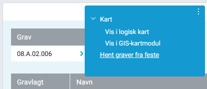 Objektmeny i boksen 'Graver' med valget 'Hent graver fra feste'.