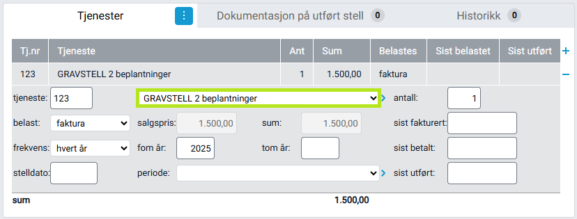 Boksen 'Tjenester' med utfylt tjeneste og belastning.