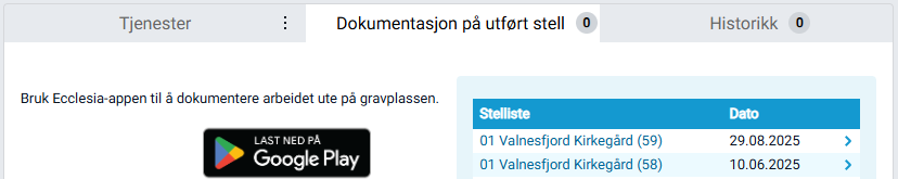 Boksen 'Dokumentasjon på utført stell' med liste over stellister.