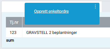 Objektmeny i boksen 'Tjenester' med valget 'Opprett enkeltordre'.