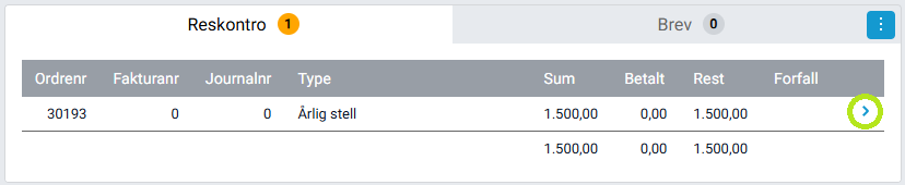 Boksen 'Reskonto' med oversikt over tilknyttede ordre.