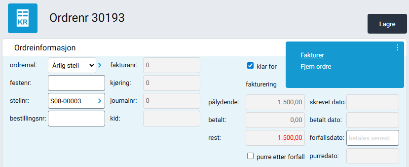 Objektmeny i ordrekortet med valget 'Fakturer'.