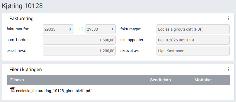 Boksen 'Kjøring' med informasjon om fakturakjøring.