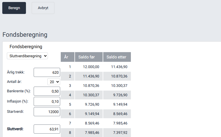 Arbeidsflaten 'Fondsberegning'.