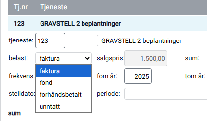 Feltet 'Belast' i stellkortet, der type stell velges for hver tjeneste.