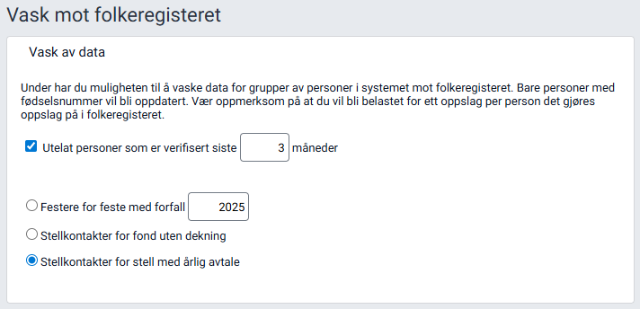 Arbeidsflaten 'Vask mot Folkeregisteret' med valg for vask.