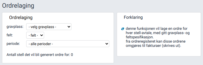 Arbeidsflaten 'Ordrelaging' med filtervalg.