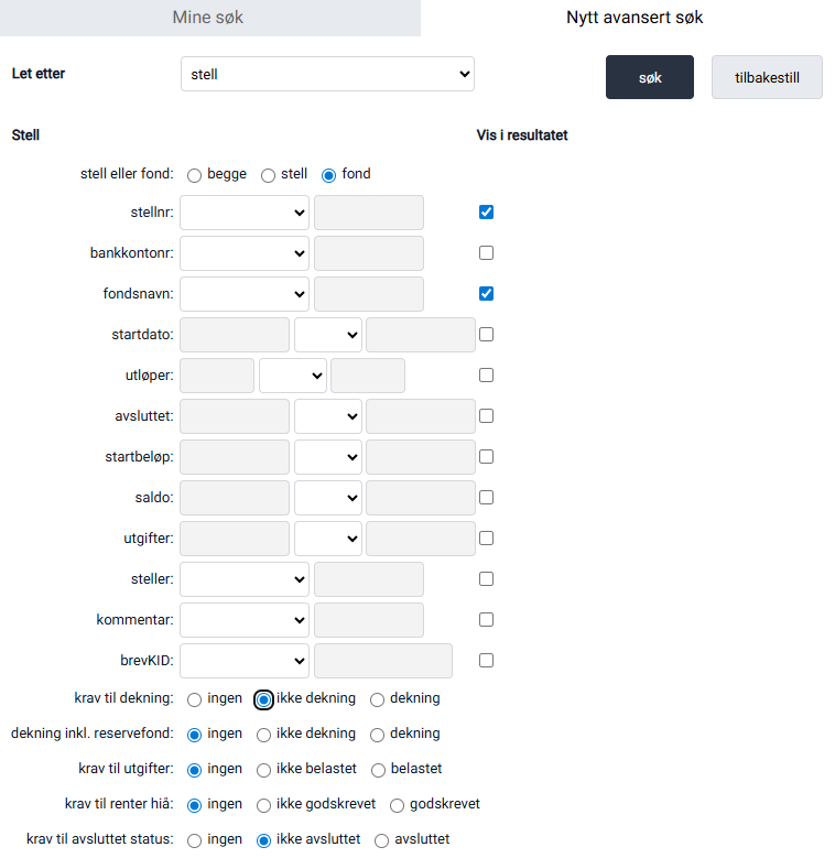 Avansert søk med filtrering på fond uten dekning.