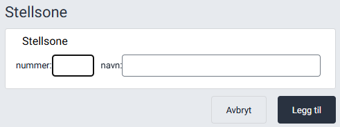 Arbeidsflaten 'Stellsone' med felter for nummer og navn.