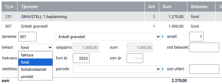 Boksen 'Tjenester' med valg for belastning mot fond.