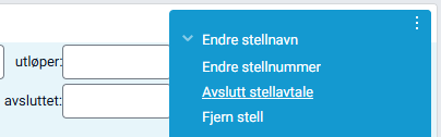 Objektmeny i boksen 'Stellopplysninger' med valget 'Avslutt stellavtale'.