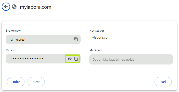 Redigering av lagrede passord for mylabora.com.