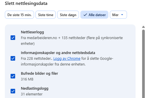 Dialogboksen «Slett nettlesingsdata».