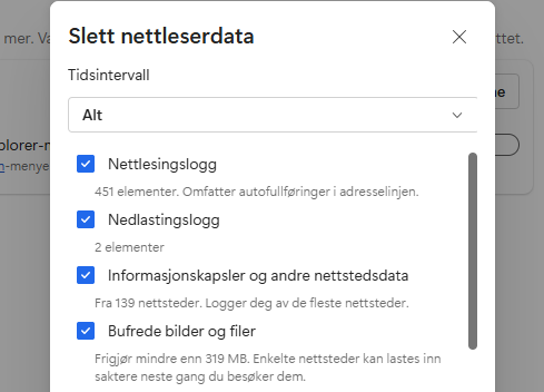 Dialogboksen «Slett nettleserdata».