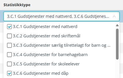 Skjermbilde som viser valg av statistikktyper i labOra Gudstjeneste.